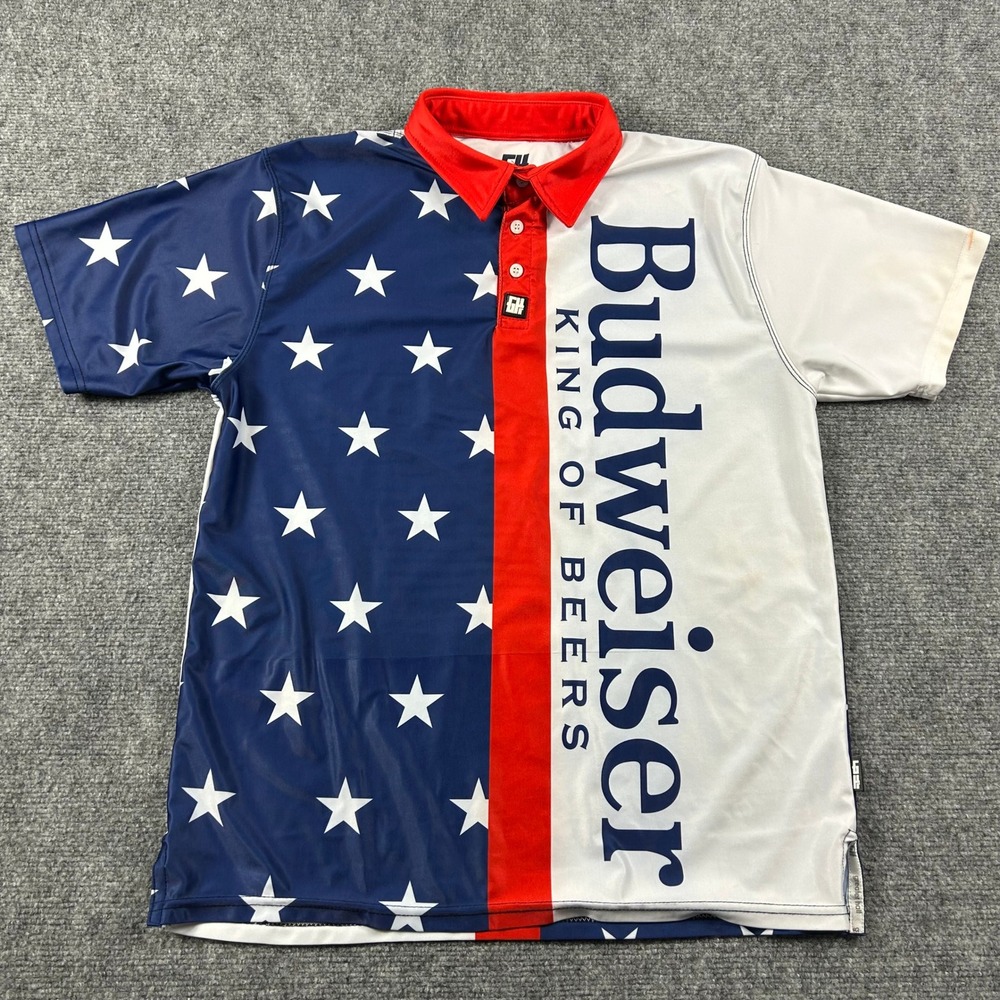 Greater Half Polo Shirt Mens Medium Red White Blue Budweiser Patriotic‎ Beer